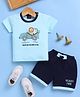 Jb Club Cotton Knit Half Sleeves Animals Patch Detailed & Printed Tee With Shorts Set - Blue