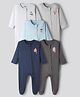 Bonfino 100% Cotton Knit Full Sleeves Footed Sleepsuits with Animal Print Pack of 5 - Grey Melange & Navy Blue