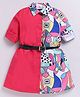M'andy Cotton Woven Half Sleeves Abstract Printed Shirt Style Dress With Belt - Magenta & Blue