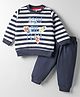 Zero Interlock Knit Full Sleeves Striped T-Shirt & Lounge Pant Set with Text Print & Patch Detailing - Navy Blue