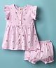Zero Sinker Knit Frill Sleeves Front Open Frock with Bloomer with Floral Print - Pink