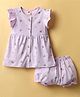 Zero Sinker Knit Frill Sleeves Front Open Frock with Bloomer with Floral Print - Lilac