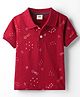 Zero Sinker Knit Half Sleeves Polo Collared T-Shirt with Space Theme Print - Deep Red