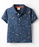 Zero Sinker Knit Half Sleeves Polo Collared T-Shirt with Space Theme Print - Navy Blue