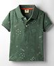 Zero Sinker Knit Half Sleeves Polo Collared T-Shirt with Space Theme Print - Dark Green