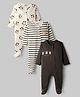 Bonfino 100% Cotton Knit Full Sleeves Striped Footed Sleep Suits with Penguin Print Pack of 3 - Off White Charcoal Grey & White
