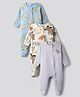 Bonfino 100% Cotton Knit Full Sleeves Footed Sleepsuits with Animal Print Pack of 3 - Grey Light Blue & White