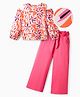 OLLINGTON ST. Cotton Full Sleeves Floral Printed Top  & Knit Culottes with Fabric Belt - Multicolor & Pink