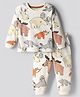 Bonfino 100% Cotton Knit Full Sleeves Co-ords Night Suit with Animal Print - Off White