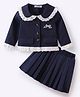 Mark & Mia Cotton Full Sleeves Peter Pan Collar Top & Skirt Set With Bow Embriodery - Navy Blue