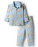 Bonfino 100% Cotton Knit Full Sleeve Front Open Co-Ord Night Suit with Bear Print - Light Blue
