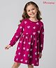 Honeyhap 100% Cotton Knit With Bio Finish Full Sleeves Winter Frock With Bow Print - Beet Red