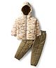 Babyhug Woven Full Sleeves Quilted Polyfill Hooded Heavy Winter Wear Suit Set With Polyfill Quilted Pant with Camouflage Print - Brown