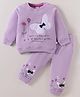 Mark & Mia Terry Knit Full Sleeves Winter Wear Sweatshirt & Lounge Pant Set with Patch Butterfly Patch Bow Applique & Text Print - Lavender