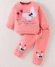 Mark & Mia Terry Knit Full Sleeves Butterfly Printed Winter Wear T-Shirt & Lounge Pant Set with Bow Applique  - Pink