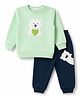 Mark & Mia Terry Knit Full Sleeves Winter Wear Sweatshirt & Lounge Pant Set With Polar Bear Patch Detailing - Navy Blue & Light Green