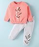 Mark & Mia Terry Knit Full Sleeves Winter Wear Sweatshirt & Lounge Pant Set With Plant Print & Pom Pom Detailing - Pink & Light Grey