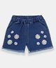 Creative Kids Denim Cotton Floral Embroidered Frayed Shorts - Navy Blue