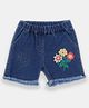 Creative Kids Denim Cotton Floral Embroidered Frayed Shorts - Navy Blue