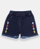 Creative Kids Denim Cotton Floral Embroidered Frayed Shorts - Navy Blue