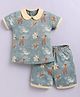 BABY GO Cotton Knit Half Sleeves Animals Printed Tee With Coordinating Shorts Set - Green