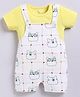 BABY GO Cotton Knit Cartoon Animal Face Printed Dungaree With Tee - Yellow & White