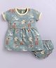 BABY GO Cotton Knit Half Sleeves Animals Printed Dress With Panty Set - Olive
