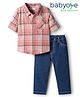 Babyoye 100% Cotton Woven Full Sleeves Shirts & Jeans Set with Checks - Dark Peach & Blue