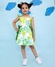 Vastrarth Pure Cotton Woven Cap Sleeves Floral Printed Bow Applique Detailed Dress - White & Green