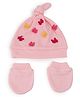 Tipy Tipy Tap Cotton Pearls Embellished & Butterfly Applique Detailed Cap With Mittens Set - Pink - Diameter - 32cm
