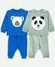 Ariel Cotton Knit Pack Of 2 Full Sleeves Baby Panda & Teddy Bear Patch Detailed Tees & Joggers Set - Blue & Green