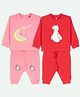 Ariel Cotton Knit Pack Of 2 Full Sleeves Bird & Unicorn Embroidered Tees & Joggers Set - Pink & Red