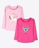 Ariel Cotton Knit Pack Of 2 Full Sleeves Baby Koala Embroidered & Unicorn Printed Tees - Pink & Dark Pink