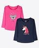 Ariel Cotton Knit Pack Of 2 Full Sleeves Baby Koala Embroidered & Unicorn Printed Tees - Pink & Navy Blue