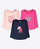 Ariel Cotton Knit Pack Of 3 Full Sleeves Unicorn & Typography Printed Tees - Pink Navy Blue & Orange