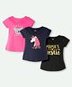Ariel Cotton Knit Pack Of 3 Half Sleeves Koala Embroidered & Typography Printed Tops - Pink Navy Blue & Black