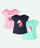 Ariel Cotton Knit Pack Of 3 Half Sleeves Unicorn & Typography Printed Tops - Pink Navy Blue & Green