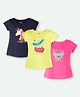 Ariel Cotton Knit Pack Of 3 Half Sleeves Unicorn & Typography Printed Tops - Pink Navy Blue & Yellow
