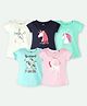 Ariel Cotton Knit Pack Of 5 Half Sleeves Unicorn & Typography Printed Tops - Cream Green Pink Navy & Sky Blue