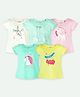 Ariel Cotton Knit Pack Of 5 Half Sleeves Unicorn & Typography Printed Tops - Cream Green Pink & Yellow