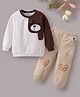 Mark & Mia Cotton Full Sleeves Winter Wear T-Shirt & Lounge Pant Set With Cut & Sew Design & Animal Embriodery - White & Brown