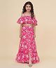 Bitiya By Bhama Silk Woven Cold Shoulder Sleeves Floral Printed Lace Detailed Coordinating Top & Skirt Set - Pink