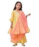 Cutiediva Muslin Woven Three Fourth Bell Sleeves Floral Printed Gota Lace Embellished Kurti Sharara With Dupatta Set - Yellow