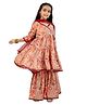 Cutiediva Viscose Woven Three Fourth Sleeves Floral Printed & Lace Embellished Angrakha Style Kurti Sharara With Dupatta Set - Peach