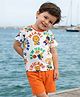 Babyhug Single Jersey Knit Half Sleeves T-Shirt & Shorts Set With Animal Print - White & Orange