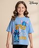 HoneyHap Disney Single Jersey Knit Drop Shoulder Half Sleeves Oversized T-Shirt with Stitch Graphics - Light Blue