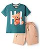 Babyhug Single Jersey Knit Half Sleeves T-Shirt and Shorts Set With Teddy Print - Dark Green