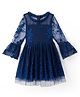 Pine Kids Woven Full Sleeves Party Dress With Floral Embroidery - Navy Blue