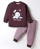 Teddy Interlock Knit Full Sleeves Night Suit with Space Theme Print & Checks - Wine