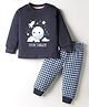 Teddy Interlock Knit Full Sleeves Night Suit with Space Theme Print & Checks - Charcoal Grey